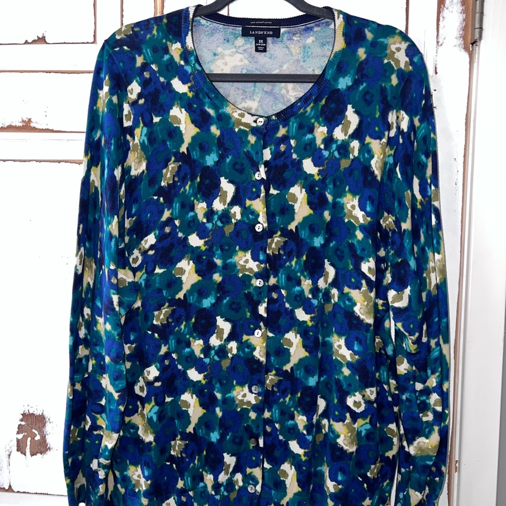 Lands' End Blue Graphic Cardigan Sweater